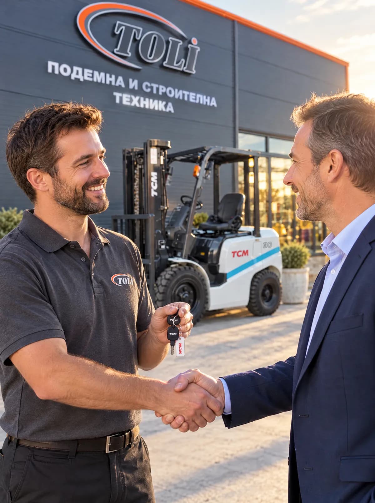 Предаване на ключа за нов мотокар – ръкостискане пред шоурума на ТОЛИ